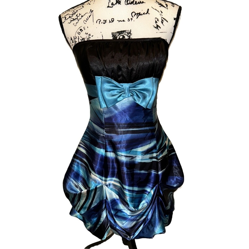 Jessica McClintock Gunne Sax Strapless Bubble Hem Dress Blue Black Abstract Sz 5